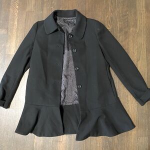 Zara Pea Coat Women's M Black Ruffle Hem Single Breasted Lined Long Sleeve